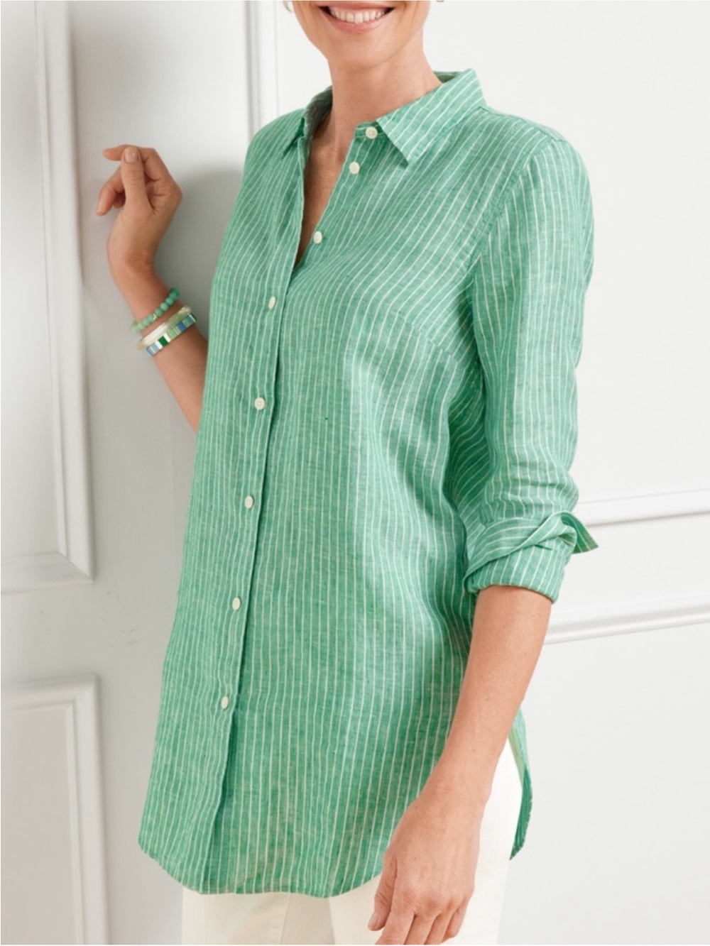 TALBOTS 100% Linen Firefly Striped Button Down Boyfriend Shirt‎ Green Size Large